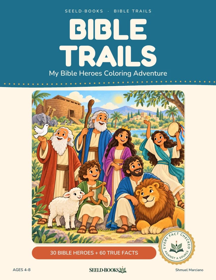 כריכת Bible Trails עם נח והיונה, משה, אסתר, מרים, דוד הצעיר ודניאל עם אריה
