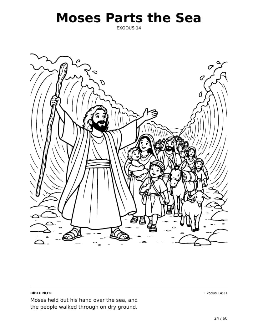 משה וקריעת ים סוף: עמוד צביעה מתוך Bible Trails