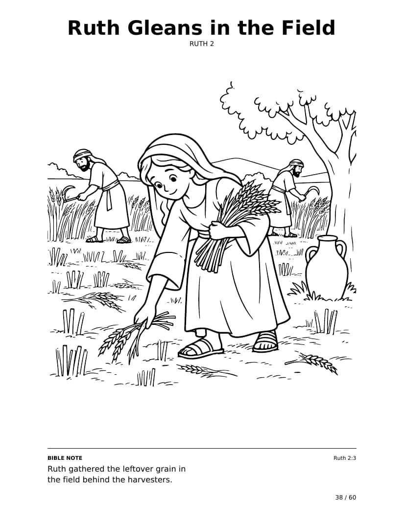 רות מלקטת בשדה: עמוד צביעה מתוך Bible Trails