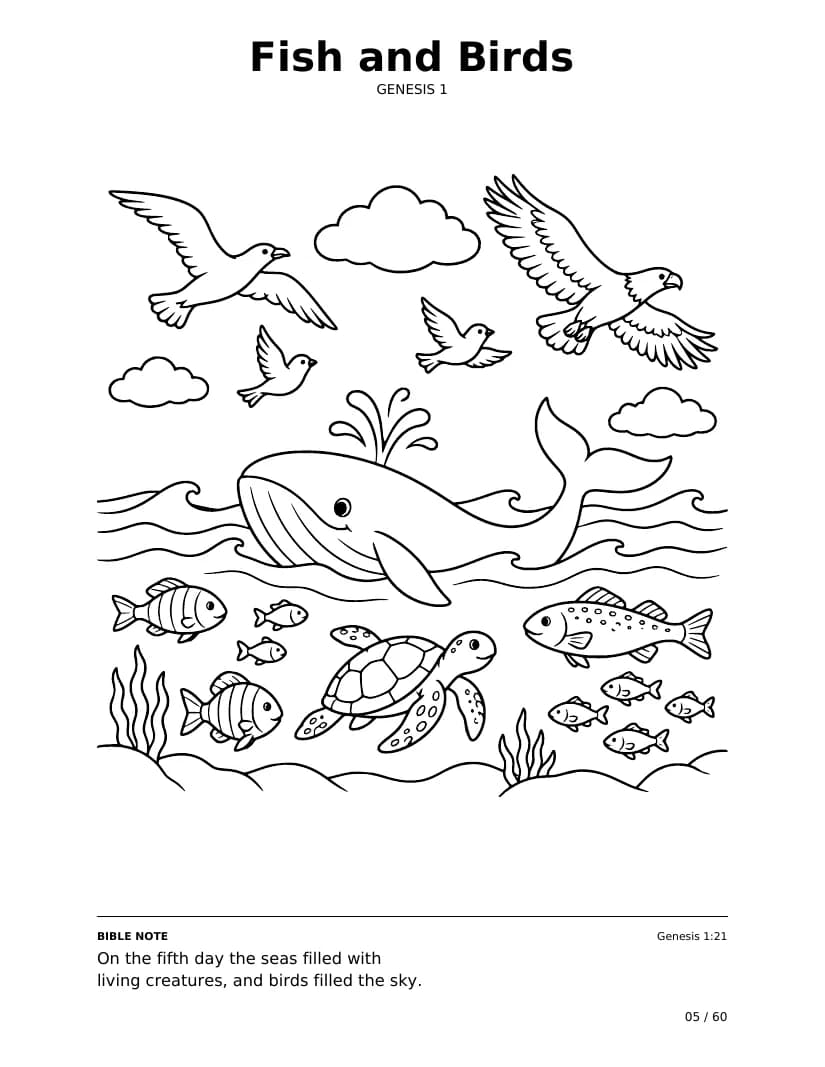Fish and Birds: real coloring page from Genesis Trails