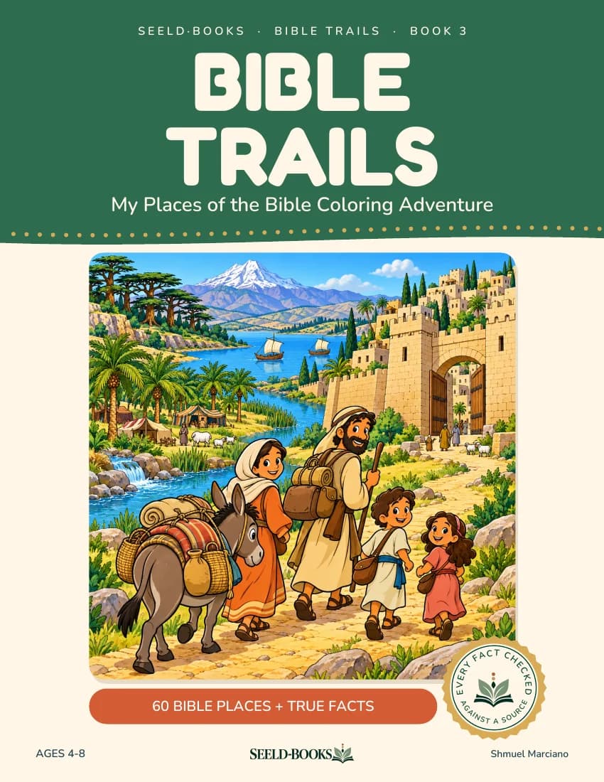 Bible Trails cover with a family and a donkey walking toward a stone city gate, with a lake, palm trees and a snowy mountain behind
