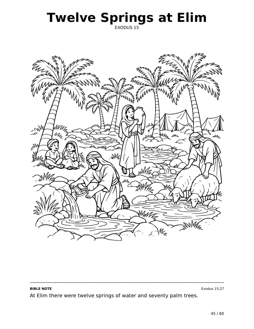 Twelve Springs at Elim: real coloring page from Bible Trails
