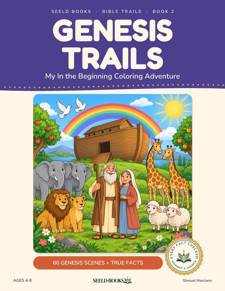 Genesis Trails cover with Noah and his wife, the ark, a rainbow and pairs of animals